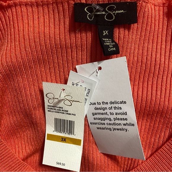 NWT Jessica Simpson Coral V Neck Ribbed Chiffon Trim Soft Stretch Sweater - Picture 6 of 7